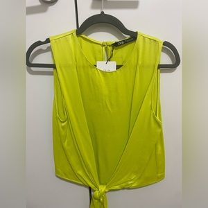 Zara Neon Yellow/Green Crop Top With Front Decorative Tie Size XS